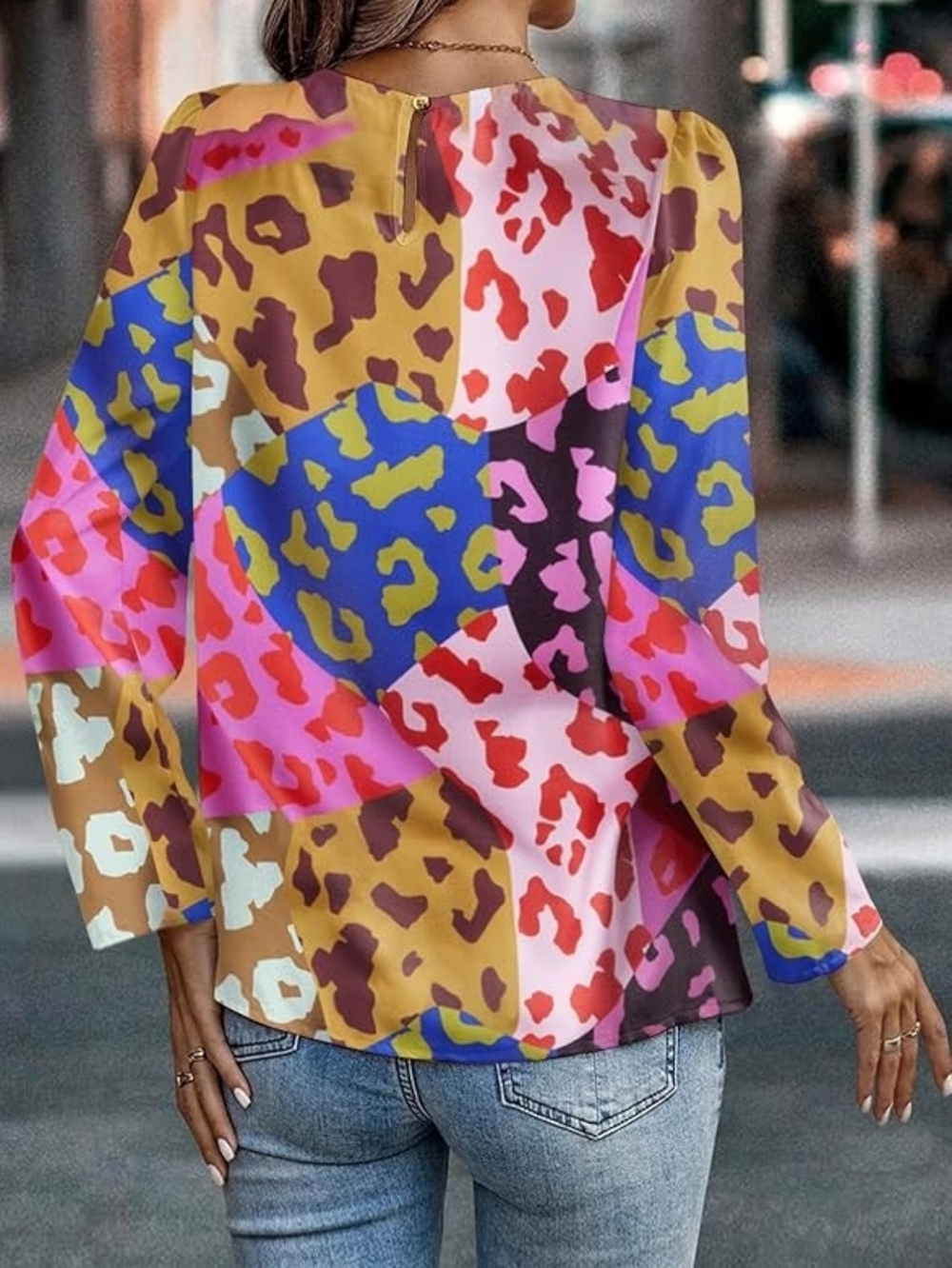 Source Unknown Multicolor Patchwork Leopard Print Blouse